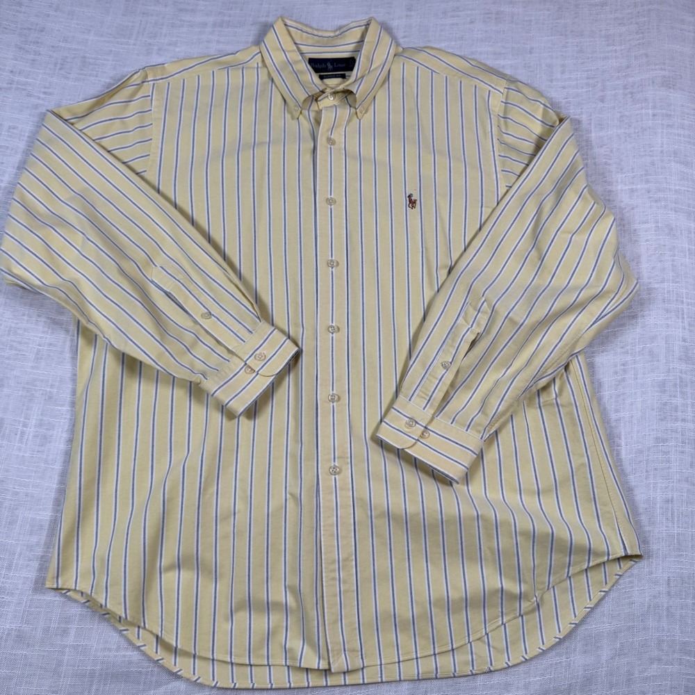 Ralph Lauren Button Shirt 17 34/35 Yellow Stripe Classic Fit Oxford Flesh Pony - Picture 2 of 16